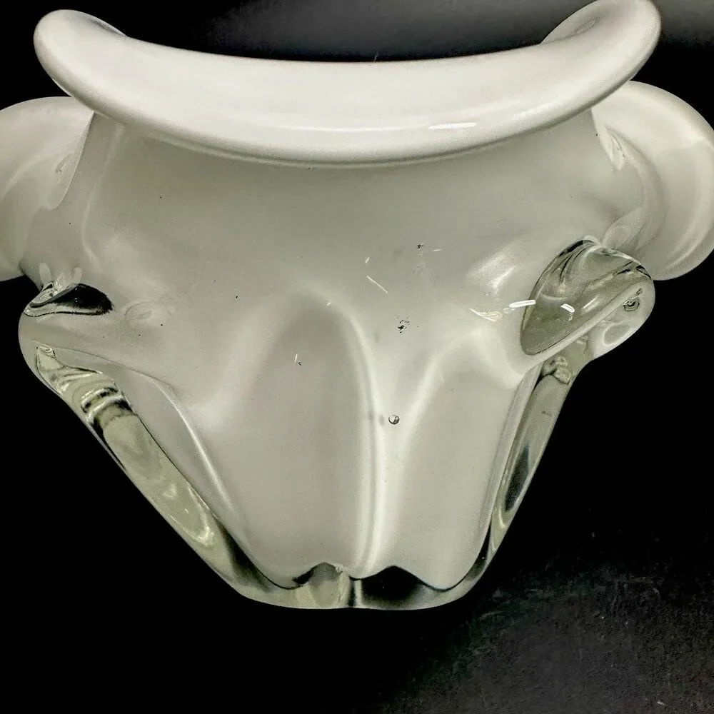Vtg White Cased Art Glass Handkerchief Bowl MCM Sculptural Decor Murano Style